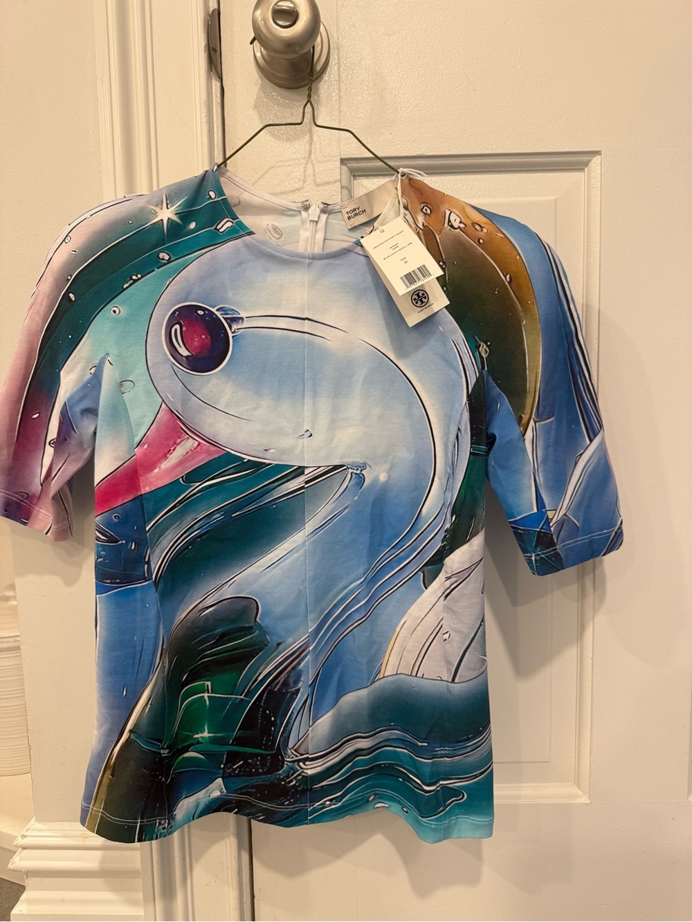 Tory Burch printed cotton T-shirt
Blue glass swan abstract , NWT Sz. 0